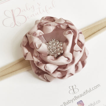 Copy of Luxurious Layered Satin Flower with Diamond Cluster Baby Headband - Ivory & Fuchsia