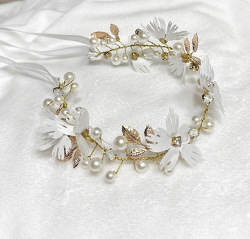 Angelic Ivory Flower & Gold Leaf Pearled Halo