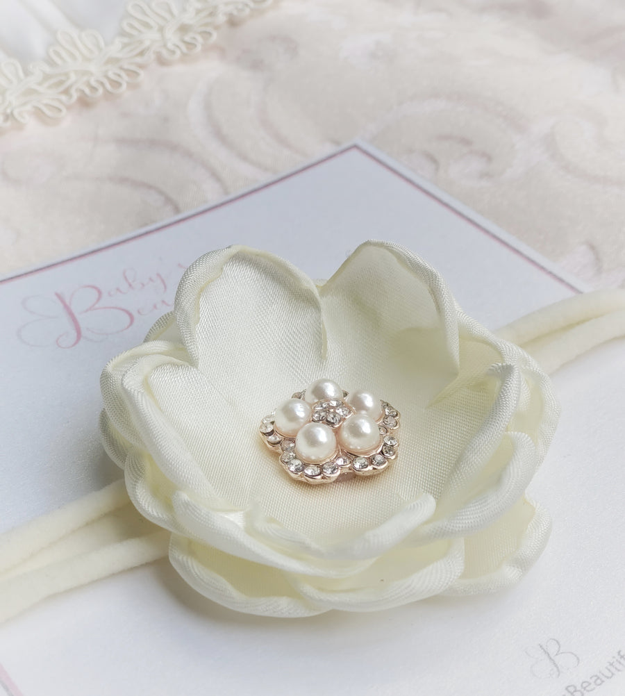 Beautiful Satin Flower with Diamond & Pearl Baby Headband in Ivory