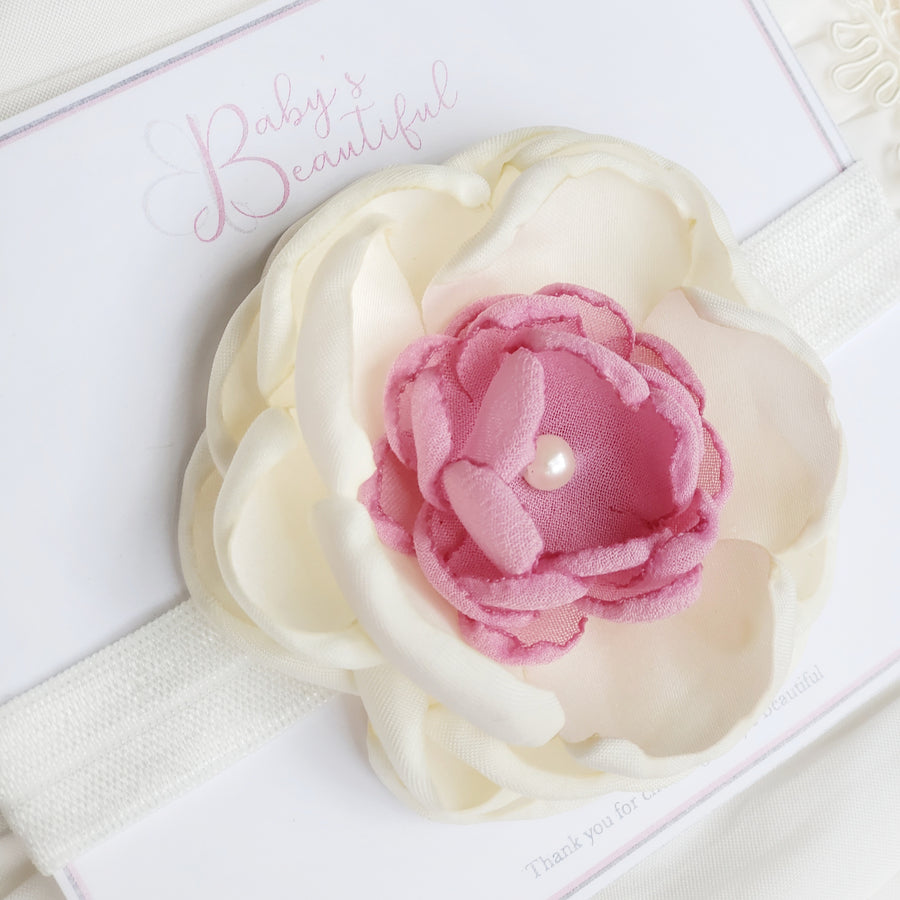 Luxurious Layered Satin Flower with Pearl Baby Headband - Ivory & Fuchsia