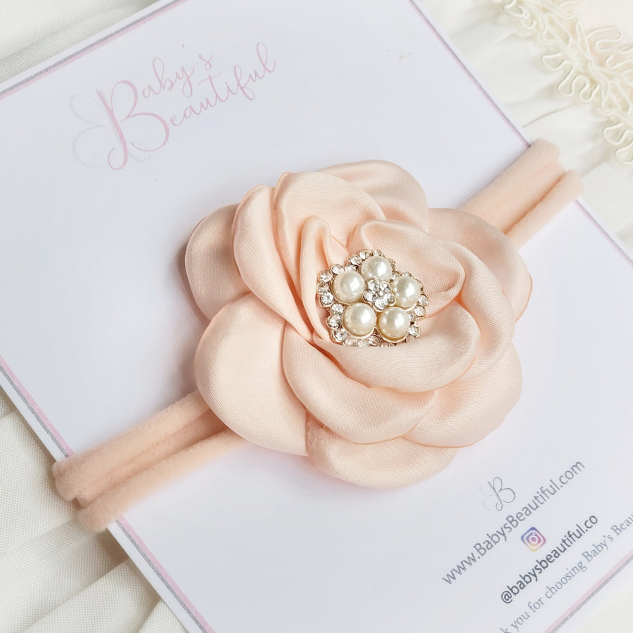 Light Peach Satin Flower Baby Headband with Diamond & Pearl