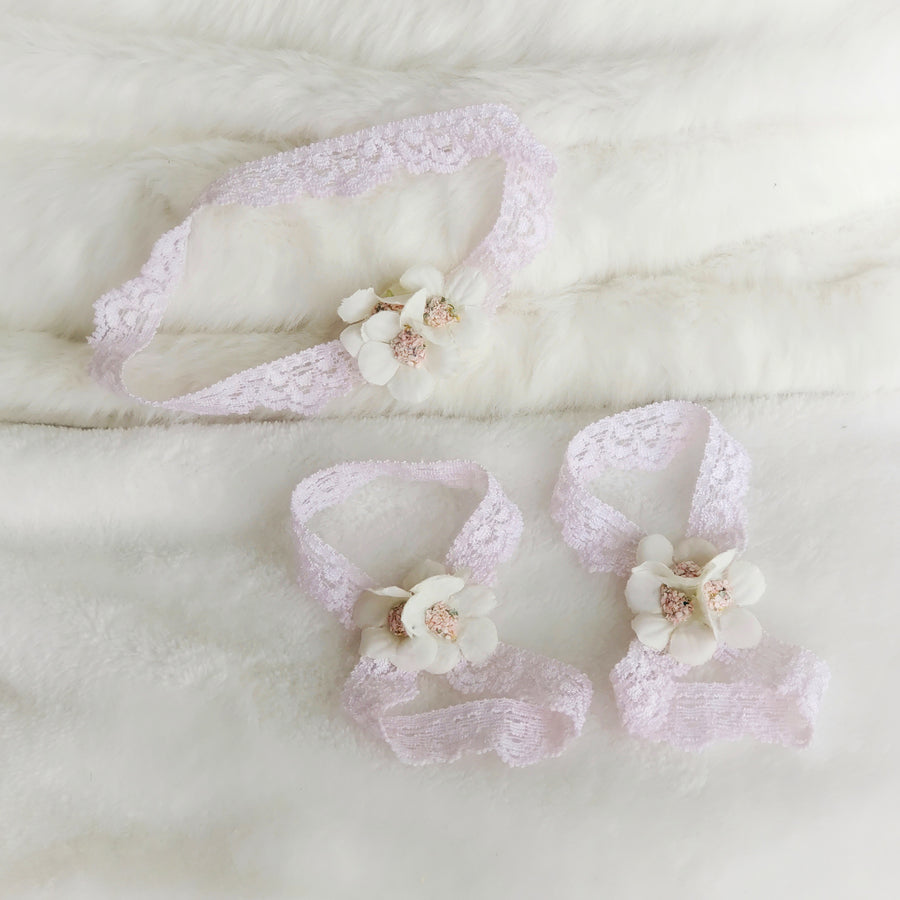 Light Pink Lace & White Blossom Headband & Barefoot Sandals Set