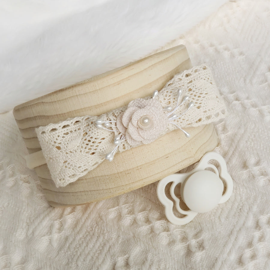 Natural Cotton Lace Bow Headband with Rose and Pearls