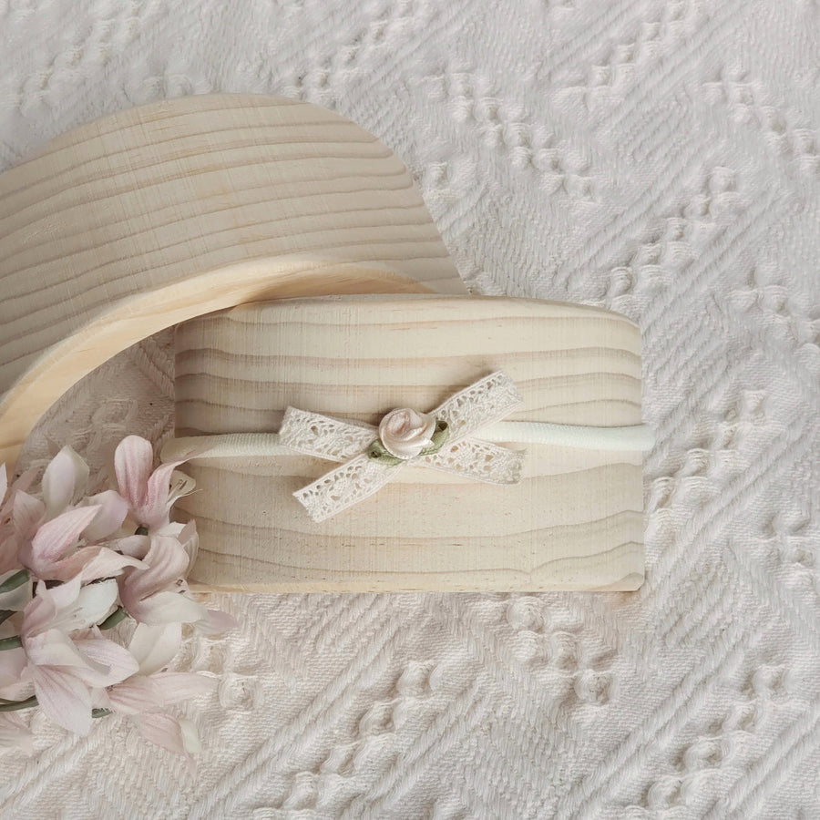 Little Sweet Natural Cotton Lace Bow Headband with a Cream Rose