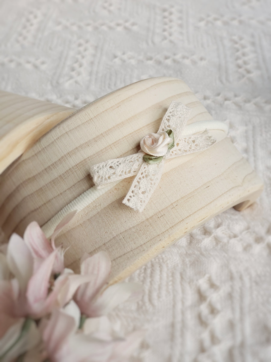 Little Sweet Natural Cotton Lace Bow Headband with a Cream Rose