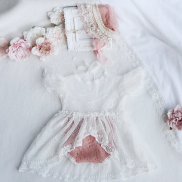 The Adaline Fine White Lace & Rose Pink Soft Knitted Dress & Bonnet Set