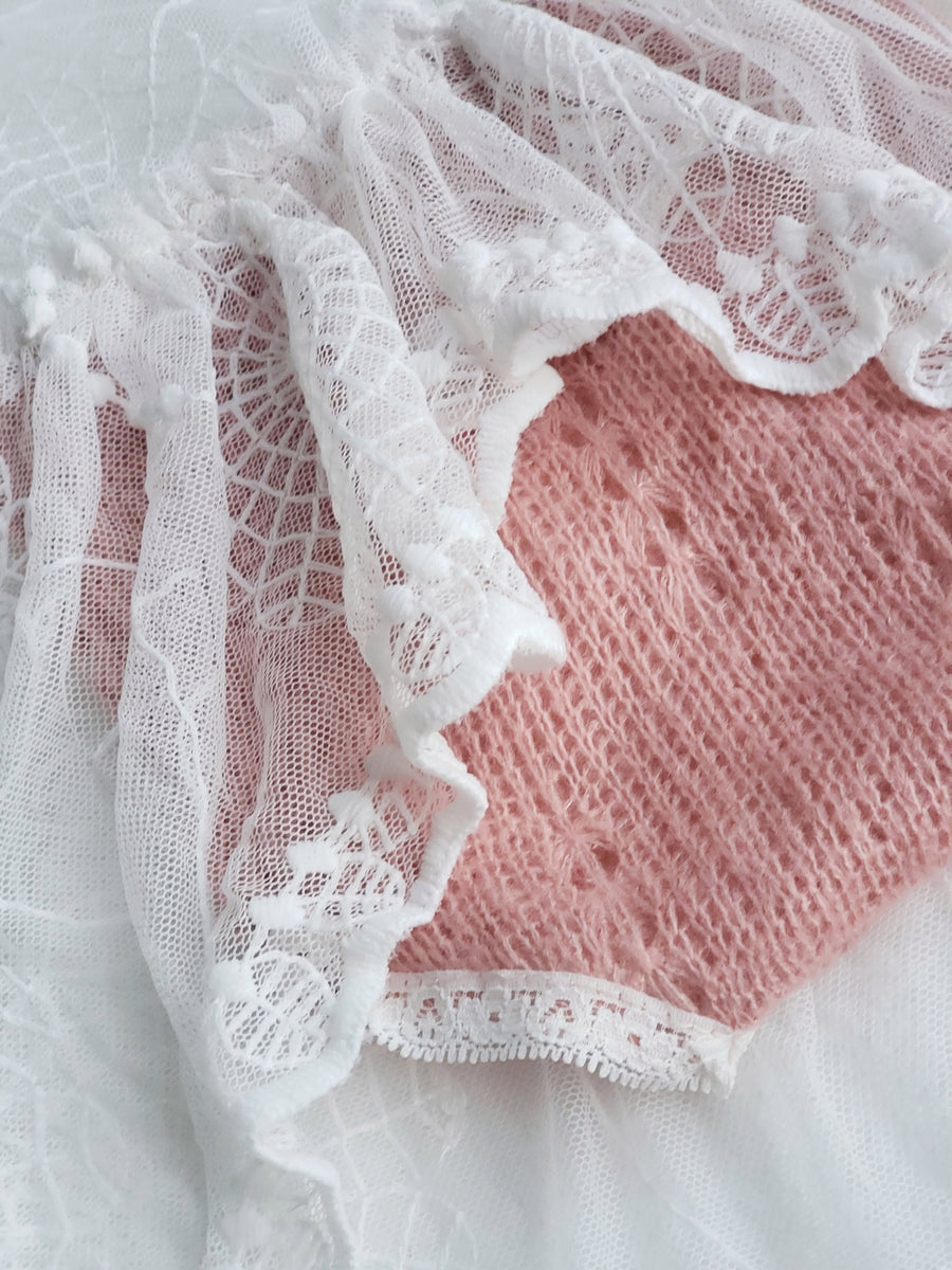 The Adaline Fine White Lace & Rose Pink Soft Knitted Dress & Bonnet Set