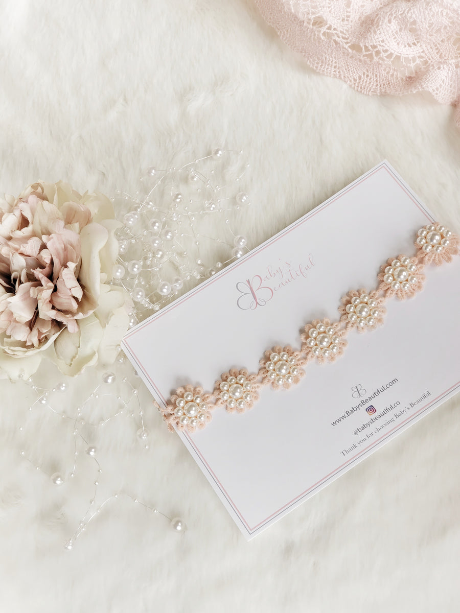 Baby Lace & Pearl Flower Halo Headband in Soft Peach