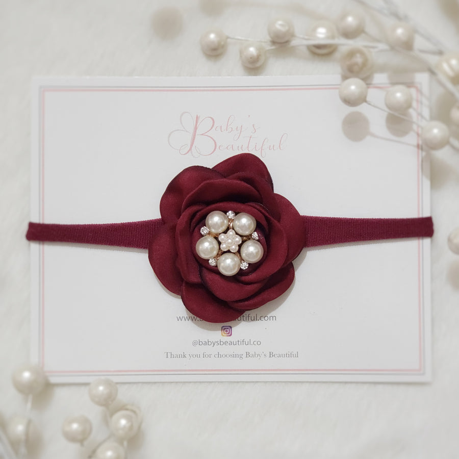 Beautiful Deep Red Satin Rose with Pearls & Diamond Headband