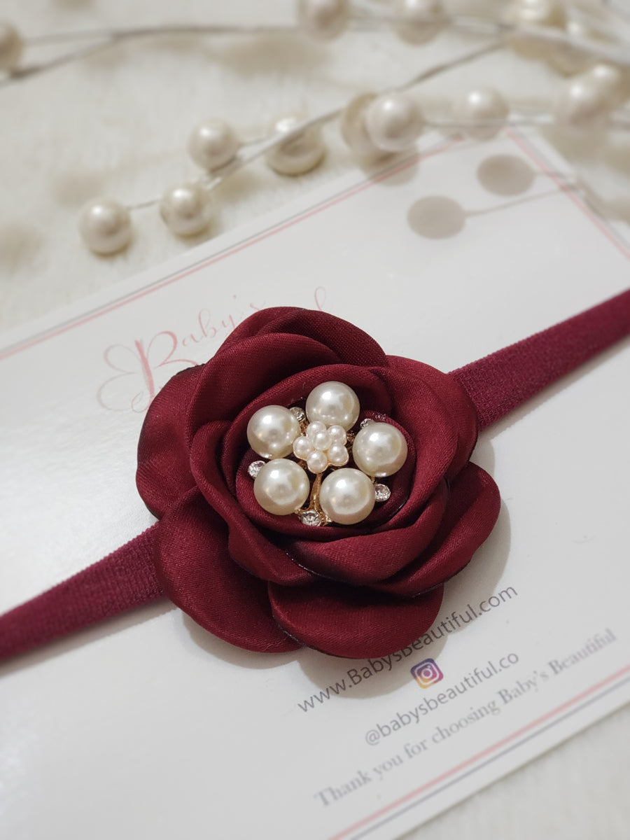 Beautiful Deep Red Satin Rose with Pearls & Diamond Headband
