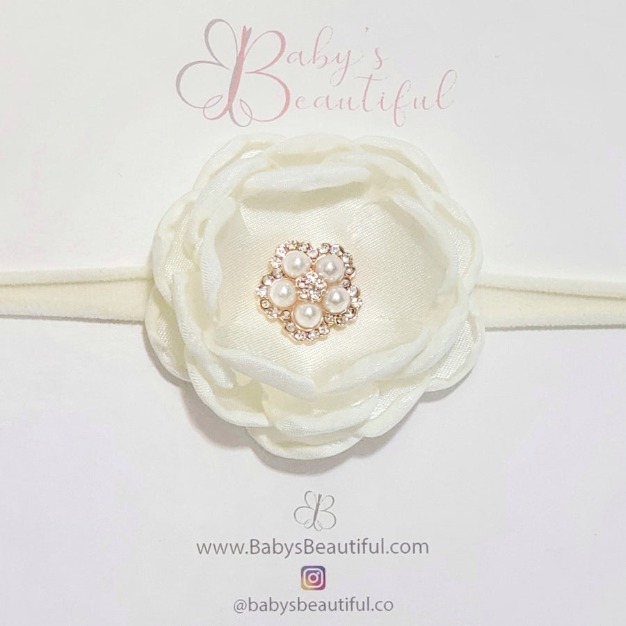 Beautiful Ivory Satin Rose with Pearls & Diamond Headband
