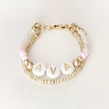 Baby Keepsake Personalized Bracelets - Pink Pearl Rainbow in 14kt Gold Filled