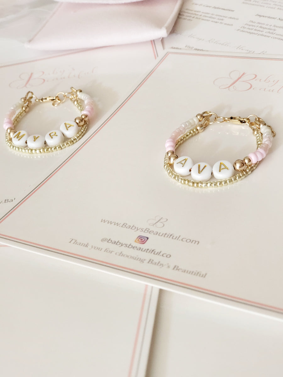 Baby Keepsake Personalized Bracelets - Pink Pearl Rainbow in 14kt Gold Filled