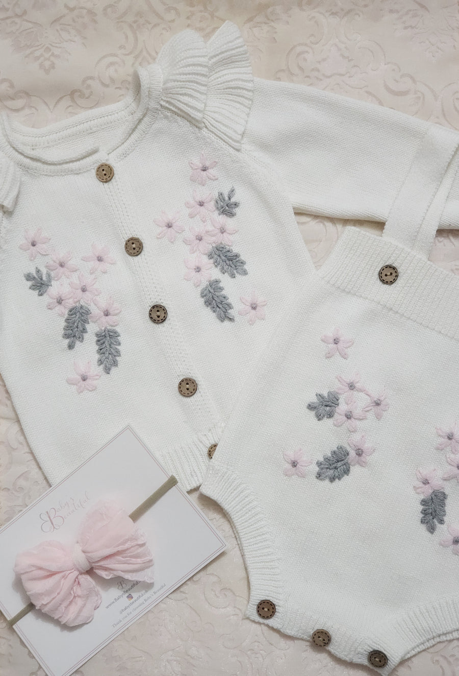 Beautiful Pure Cotton Knitted Romper Set with Embroidery