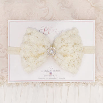 Beautiful Accented Ivory-Cream Rose Bouquet Bow Headband