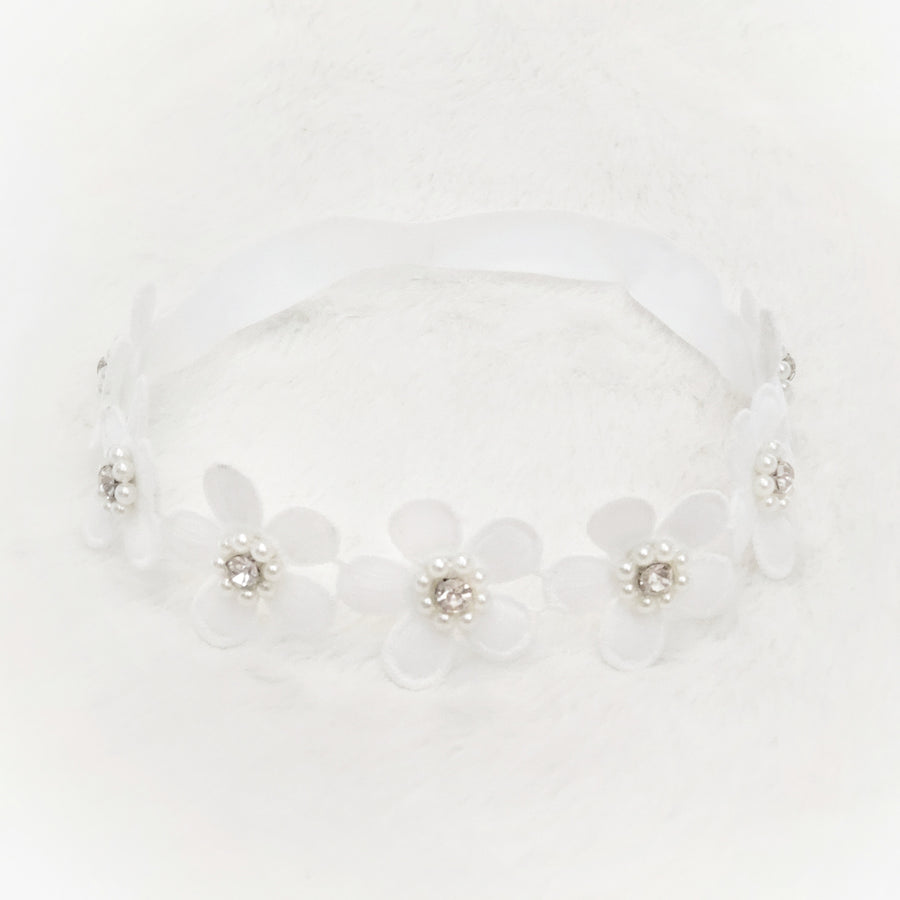 Pretty Diamond & Pearl Lace Flower Halo Headband ~ Pure White