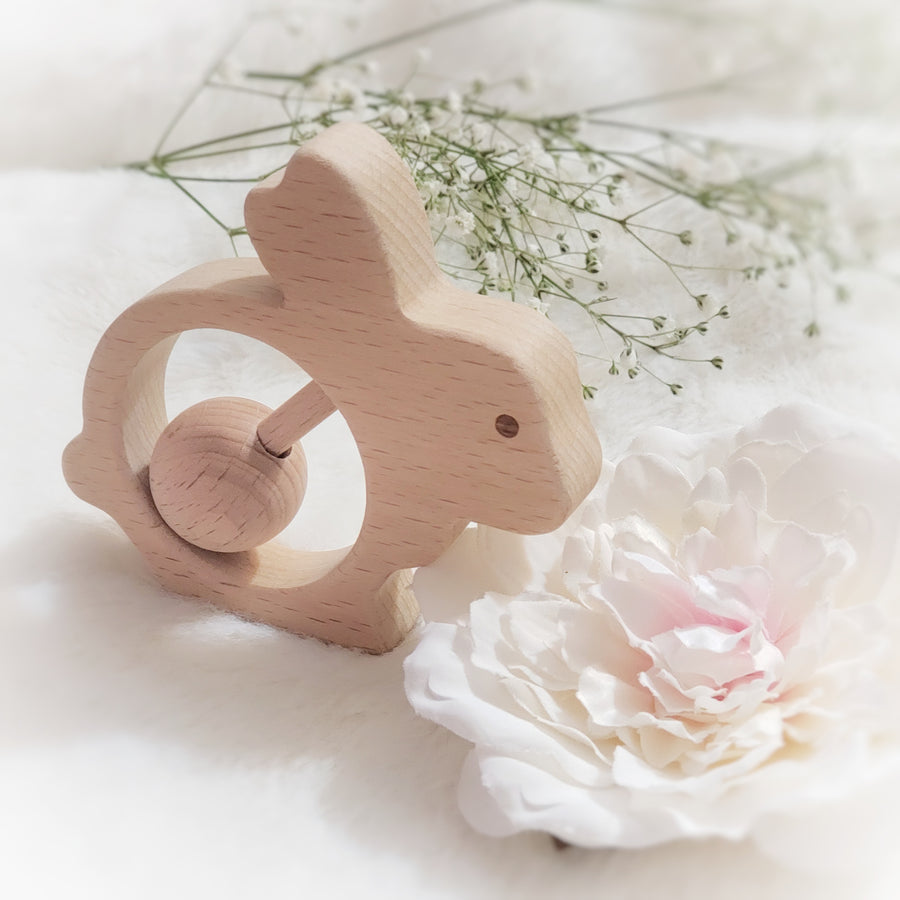Baby's Love Bunny Rattle and Teething Ring in Beechwood