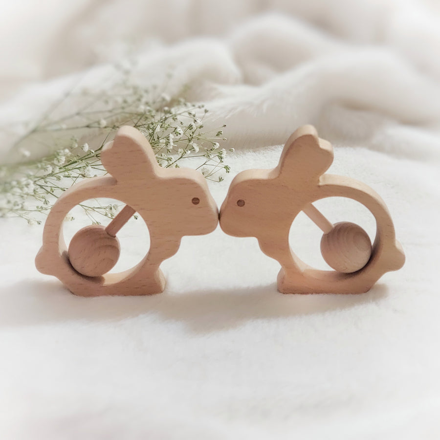 Baby's Love Bunny Rattle and Teething Ring in Beechwood