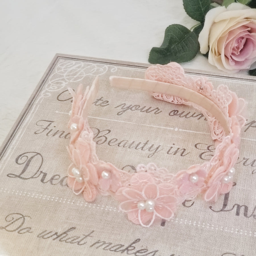 Exquisite Floral Bouquet Lace Headband with Delightful Pearls ~ Sweet Peach