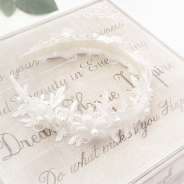 Exquisite Floral Posy Lace Headband with Delightful Pearls ~ Ivory-White