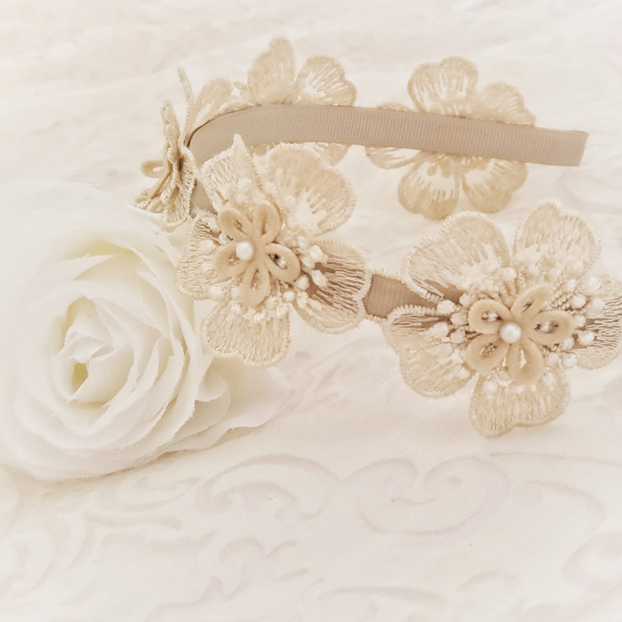 Exquisite Floral Lace Headband with Sweet Pearls ~ Beige