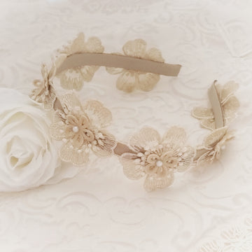 Exquisite Floral Lace Headband with Sweet Pearls ~ Beige