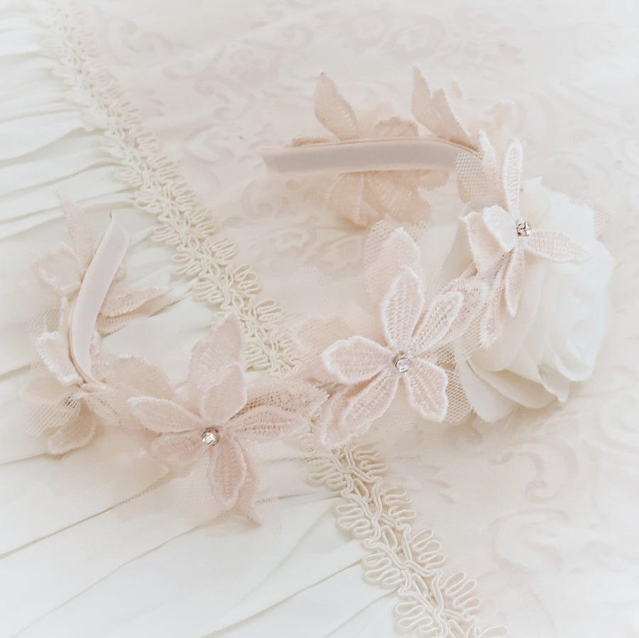 Exquisite Floral Lace Headband with Sweet Pearls ~ Light Blush