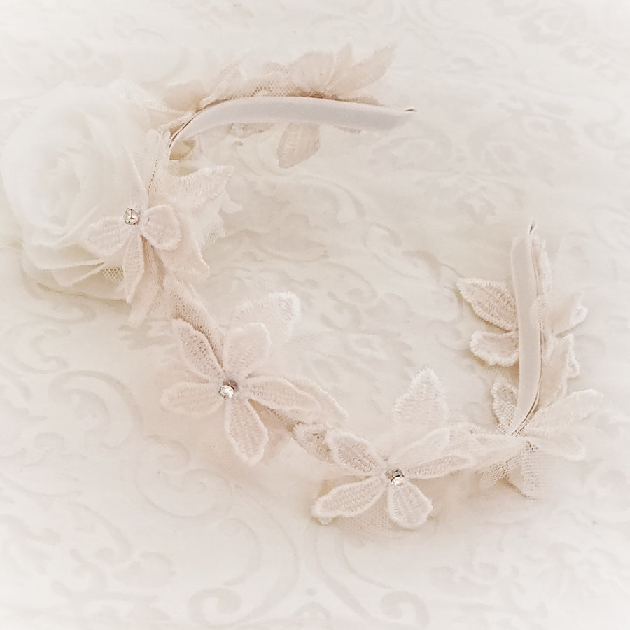 Exquisite Floral Lace Headband with Sweet Pearls ~ Light Blush