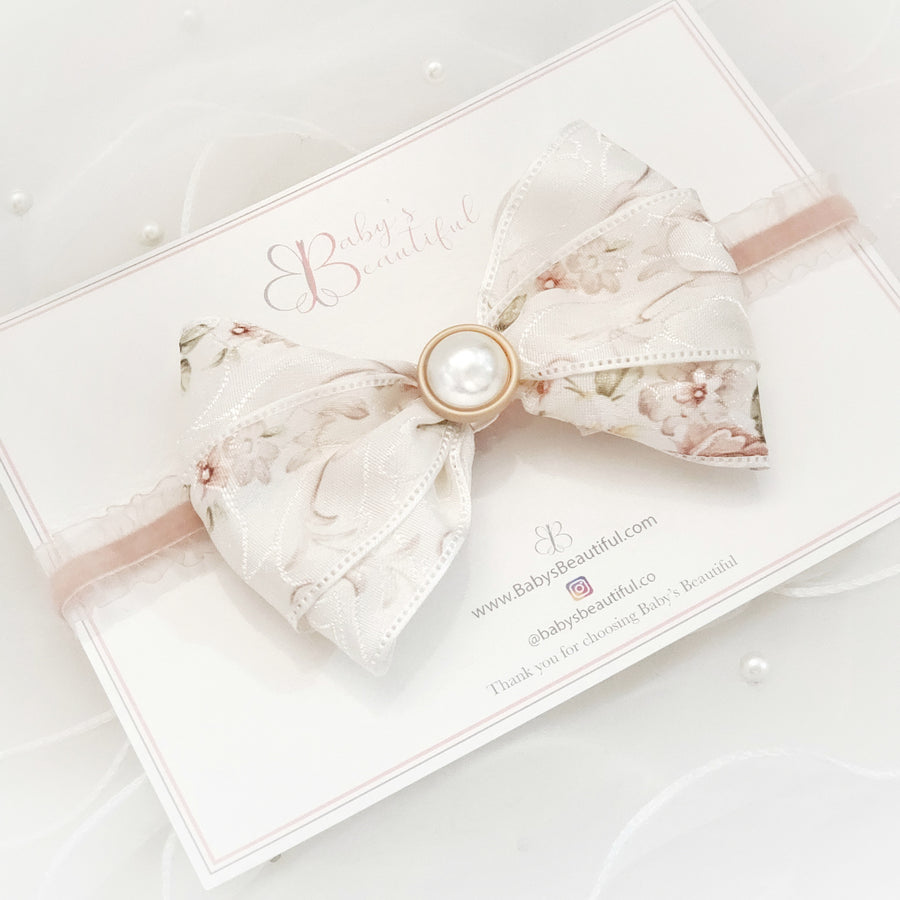 Classic Floral Tri-Fold Bow with Pearl Accent