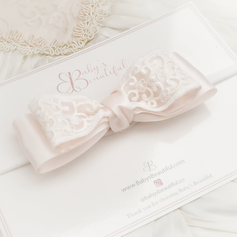 Luxury Baby Pink Satin Bow with Exquisite White Lace