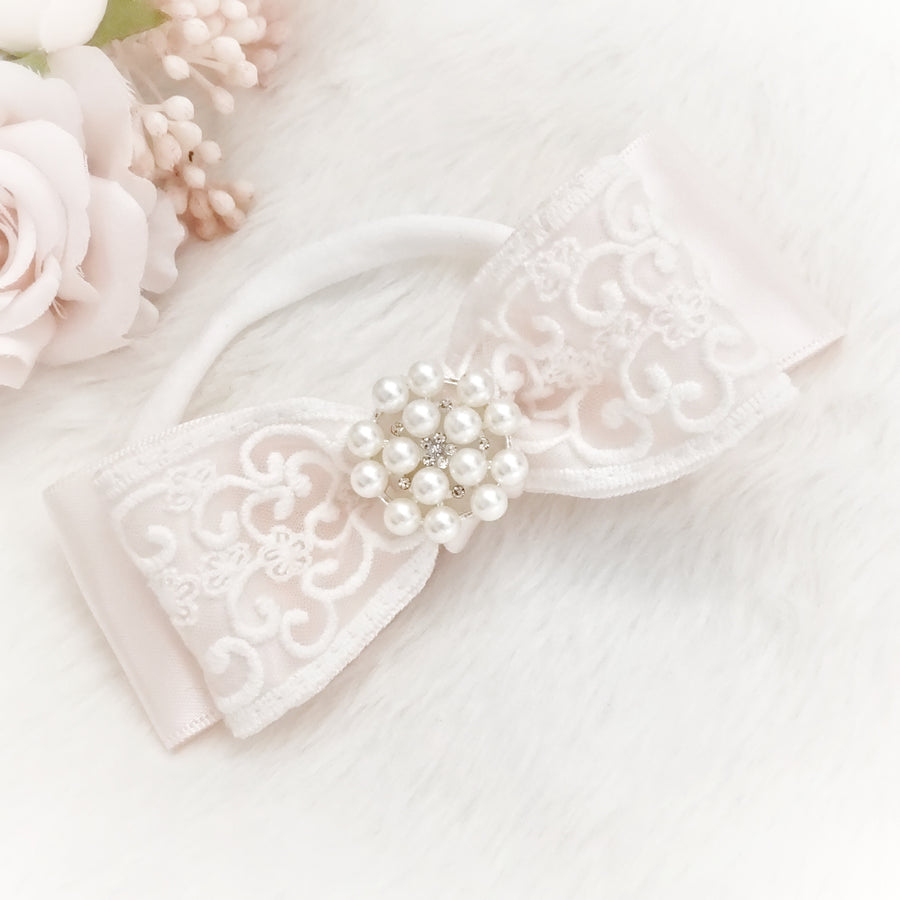 Luxury Baby Pink Satin Bow with Exquisite White Lace ~ Pearl Accent