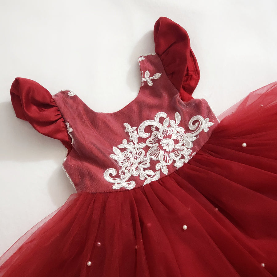 Beautiful Ruby Red Dress with Pearls & White Lace