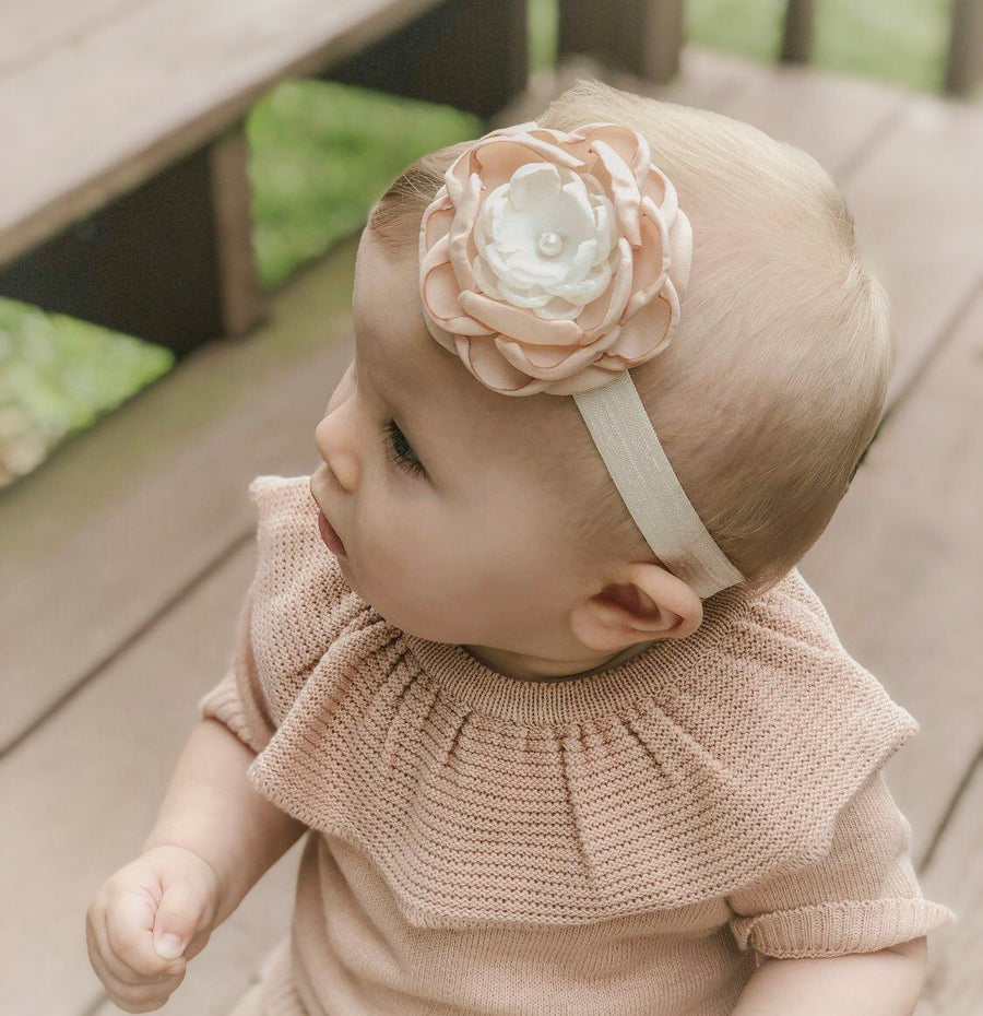 Luxurious Layered Satin Flower with Pearl Baby Headband - Muted Blush & Ivory