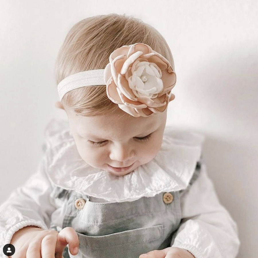 Luxurious Layered Satin Flower with Pearl Baby Headband - Muted Blush & Ivory