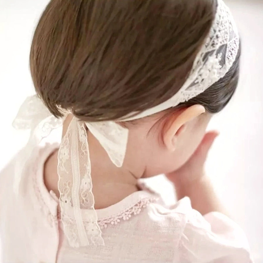 Ivory Patchwork Effect Lace Headband, fine lace bow to back