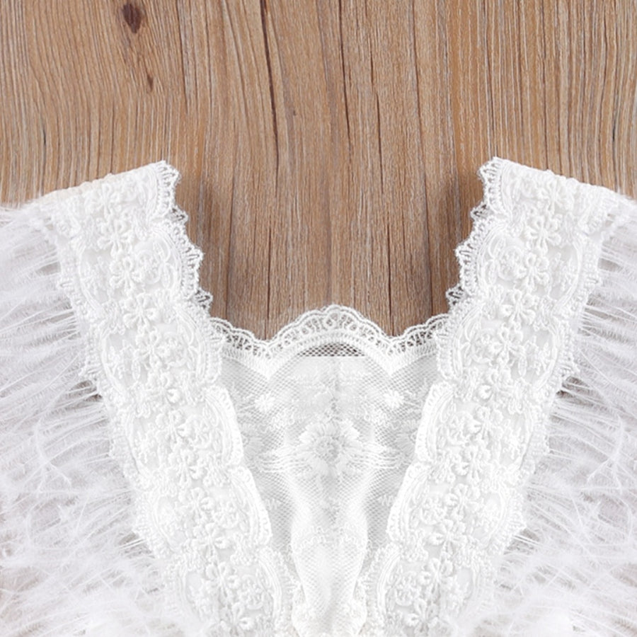 Pretty White Baby Romper with Embroidered Lace & Feather Trim