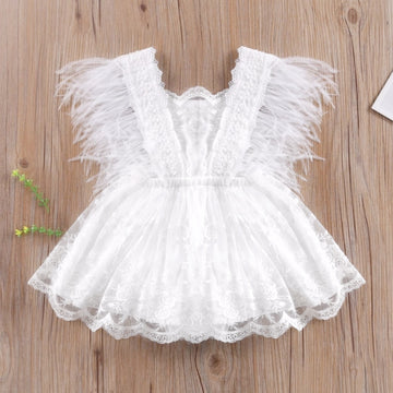 Pretty White Baby Romper with Embroidered Lace & Feather Trim