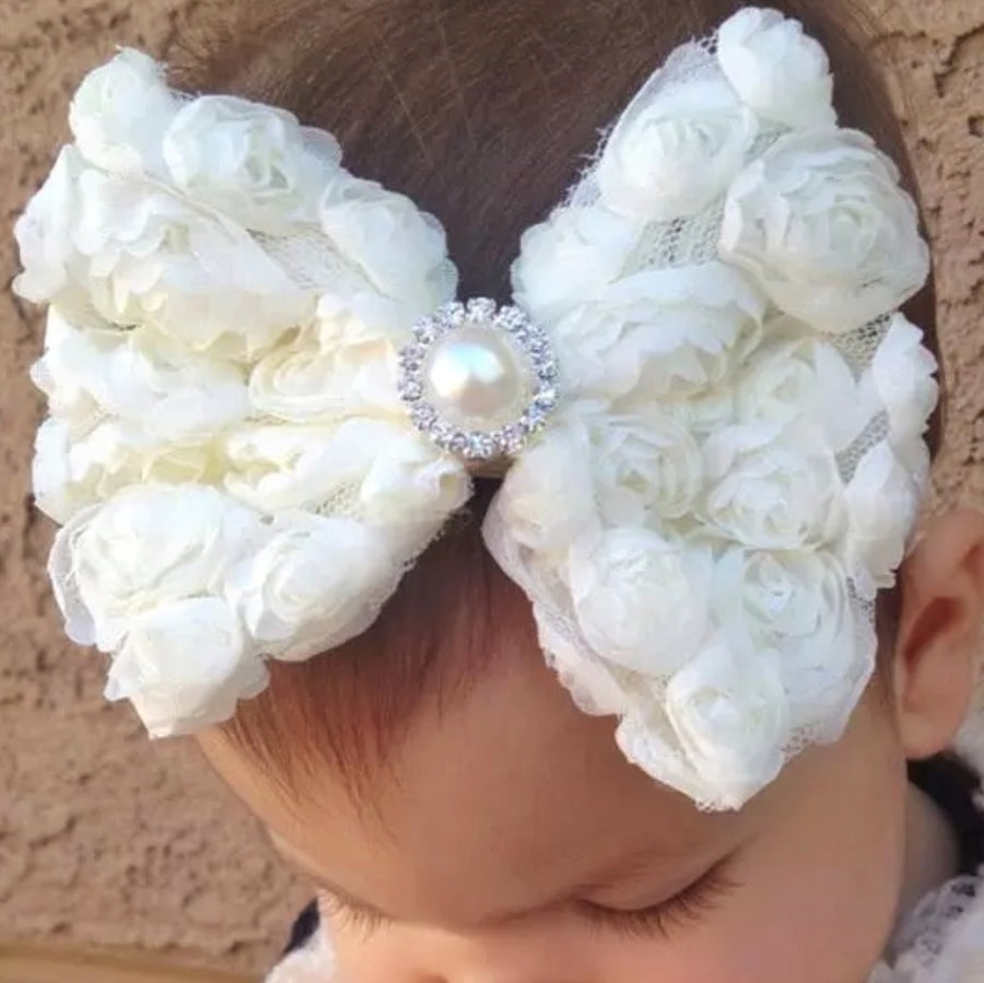 Beautiful Accented Ivory-Cream Rose Bouquet Bow Headband