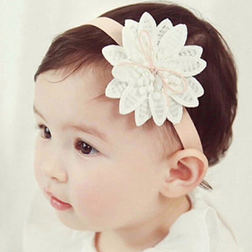 Embroidered Summer Bloom Baby Headband ~ White on Apricot