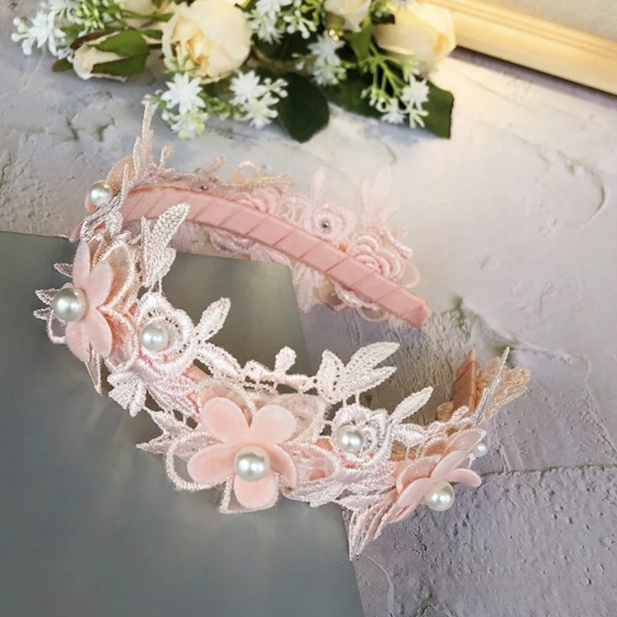 Exquisite Floral Posy Lace Headband with Delightful Pearls ~ Sweet Peach