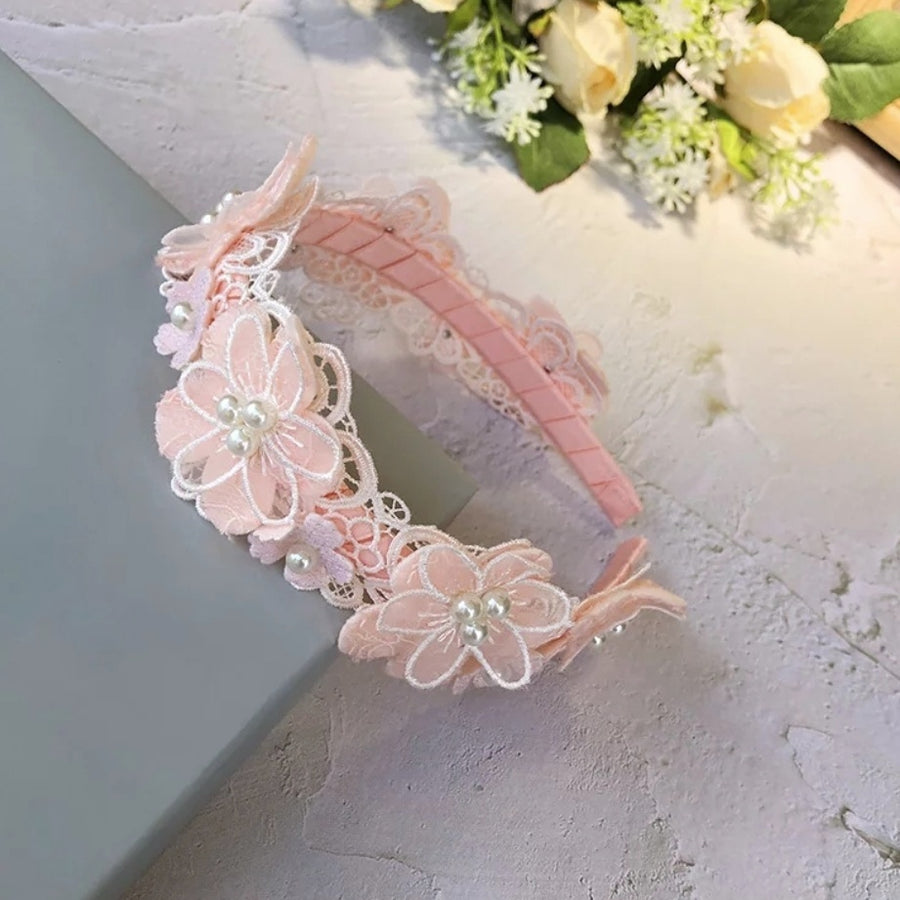 Exquisite Floral Bouquet Lace Headband with Delightful Pearls ~ Sweet Peach