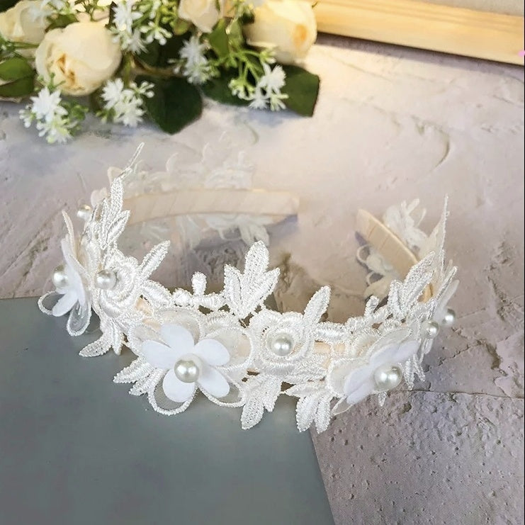 Exquisite Floral Posy Lace Headband with Delightful Pearls ~ Ivory-White