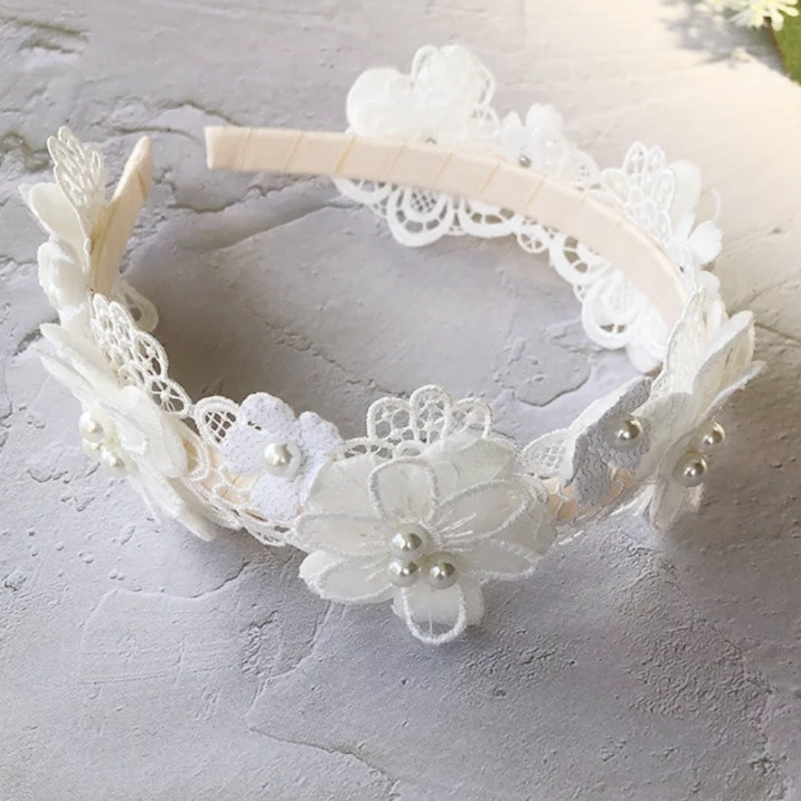 Exquisite Floral Bouquet Lace Headband with Delightful Pearls ~ Ivory-White